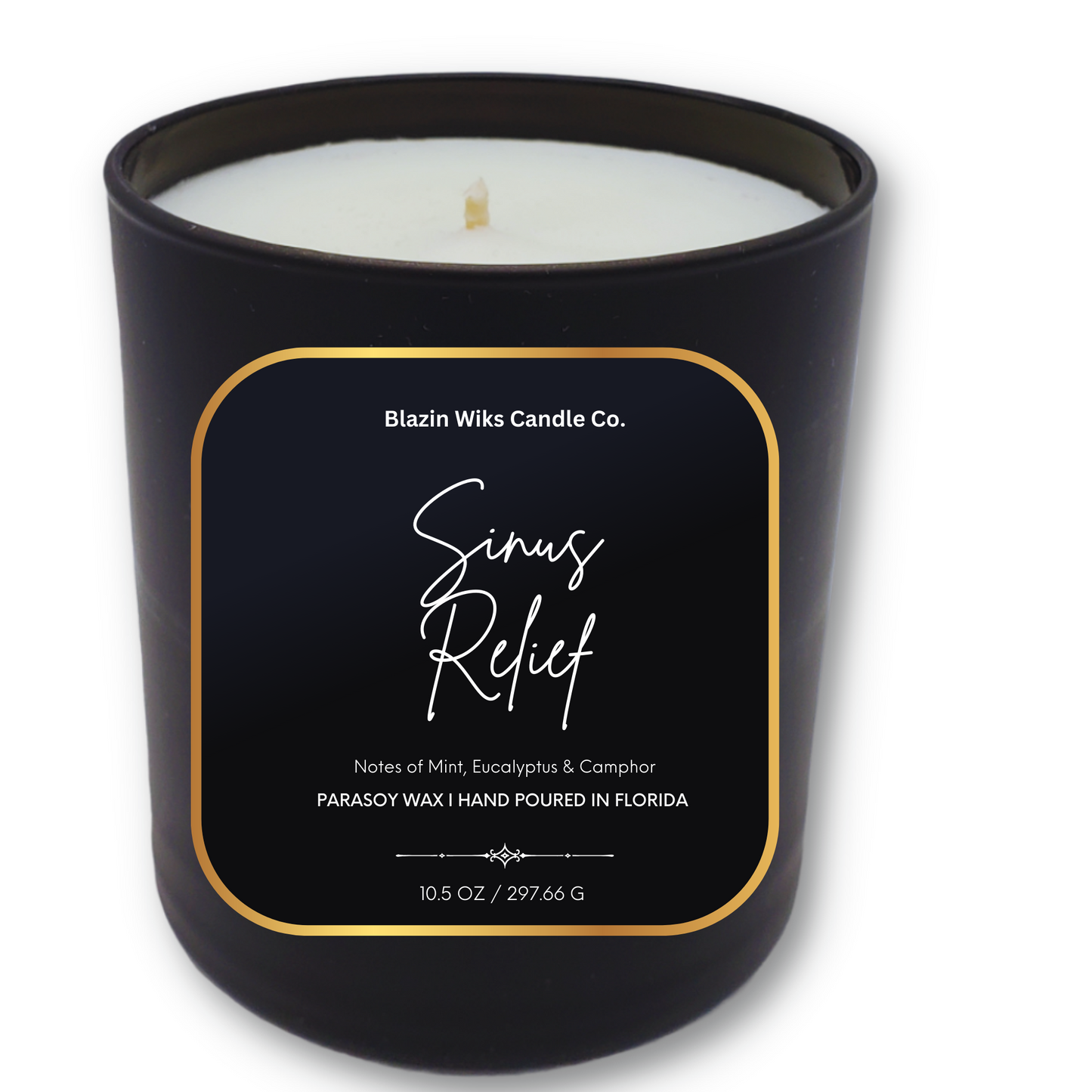 Sinus Relief Candle boasts an inviting eucalyptus aroma with 60+ burn time to alleviate blocked sinuses. Made by Blazin Wiks Candle Co.
