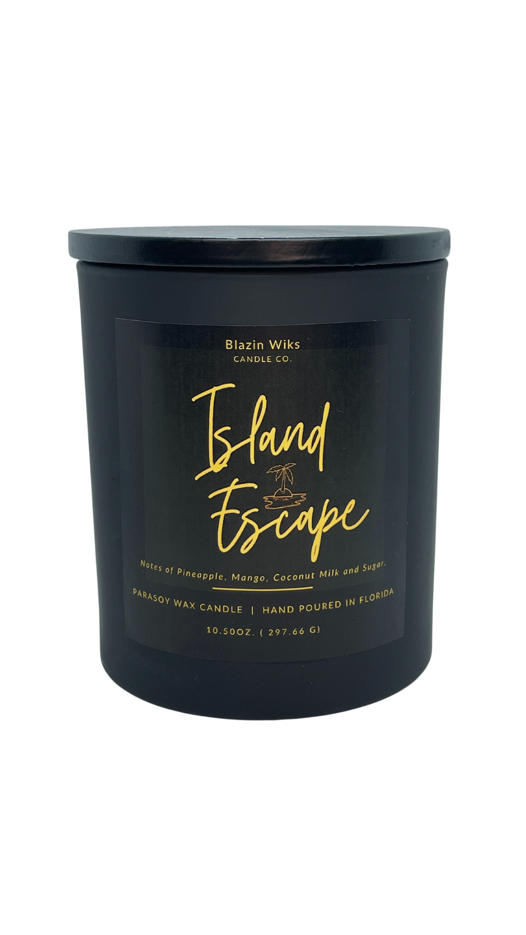 Island Escape is a peaceful scented candle made by Blazin Wiks Candle Co. boasting a long lasting 60+ hour burn time and double wicked.