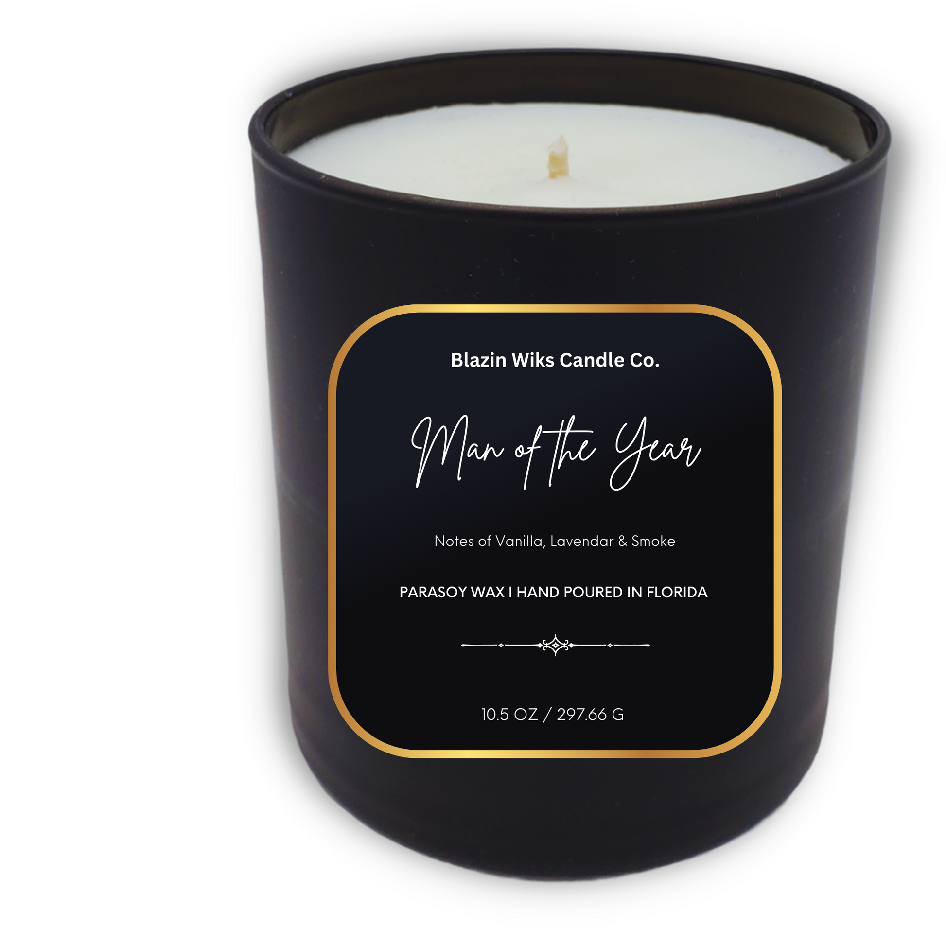 Man Of The Year Candle to celebrate your strength and vision with masculine tone of amber and vanilla in this double wicked candle by Blazin Wiks Candle Co. Featuring 60+ hours of burn time for a long lasting value.