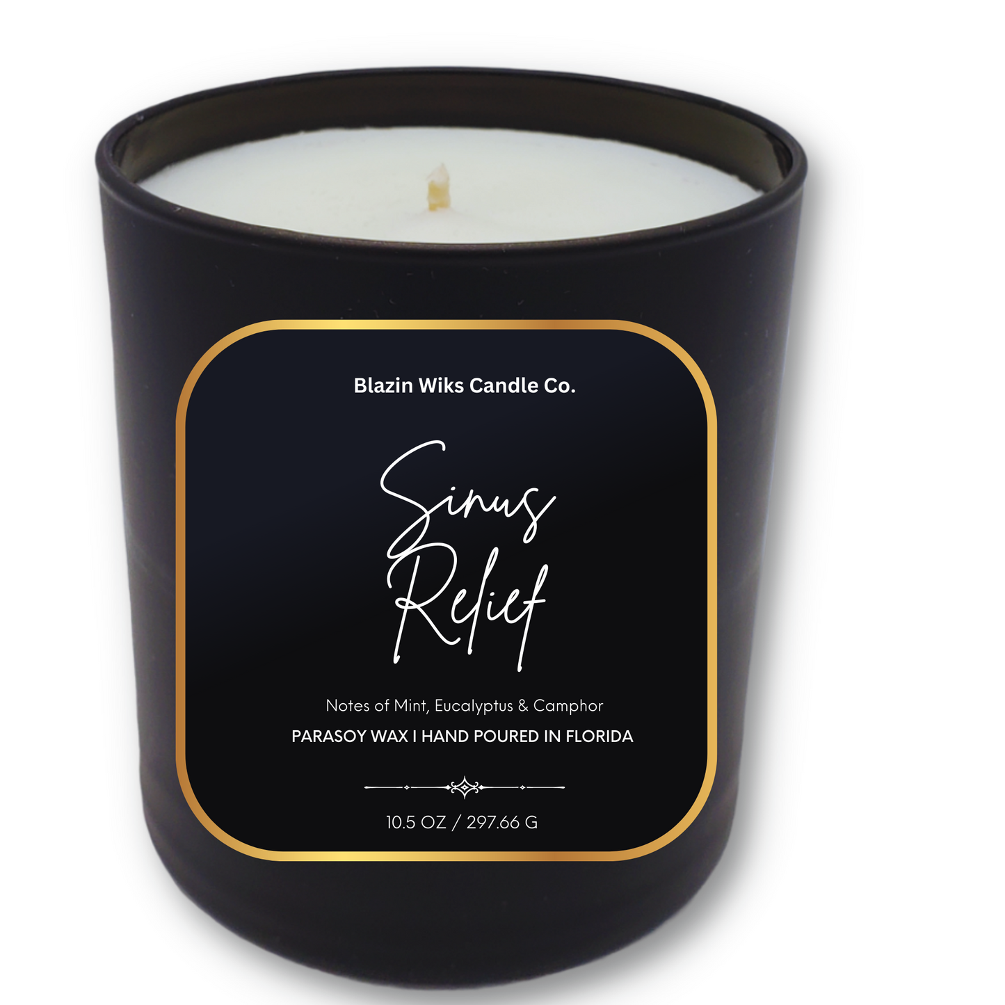 Sinus Relief Candle boasts an inviting eucalyptus aroma with 60+ burn time to alleviate blocked sinuses. Made by Blazin Wiks Candle Co. 