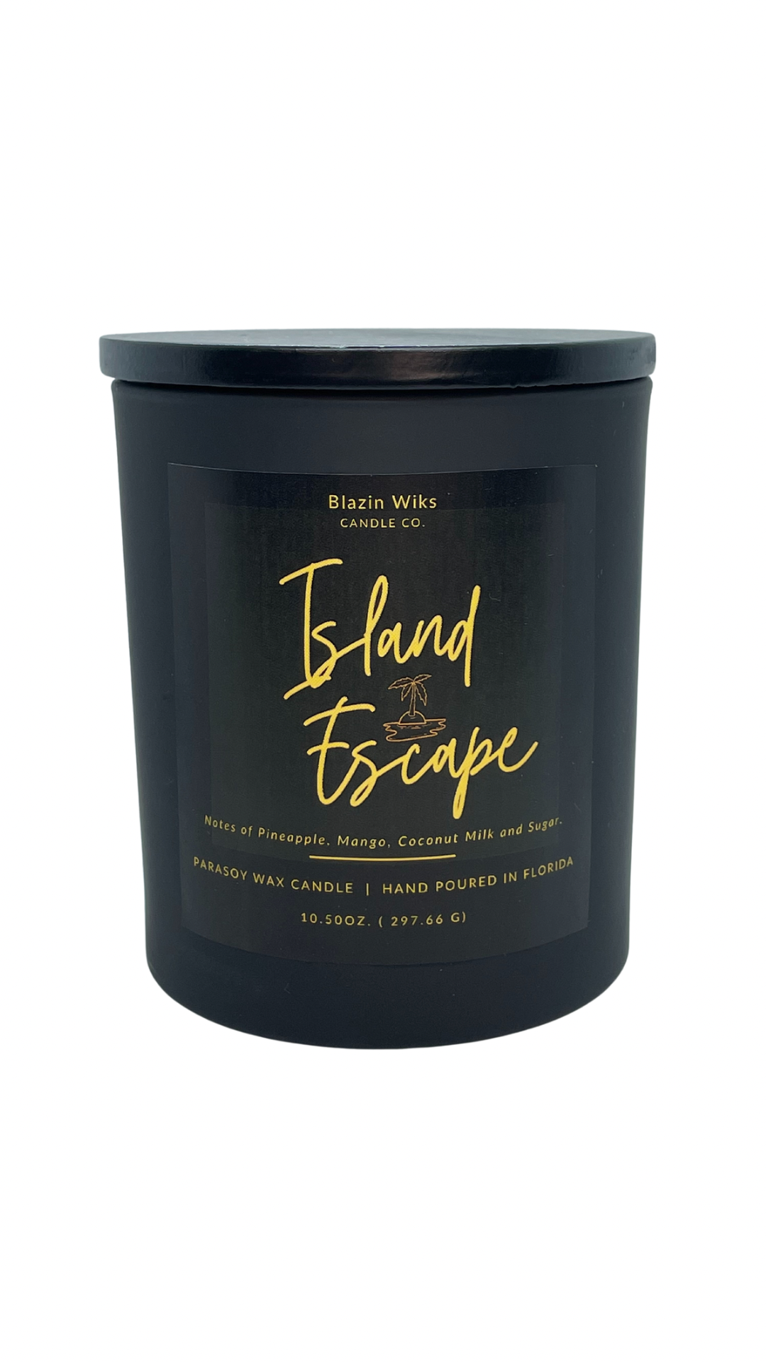 Island Escape is a peaceful scented candle made by Blazin Wiks Candle Co. boasting a long lasting 60+ hour burn time and double wicked. 